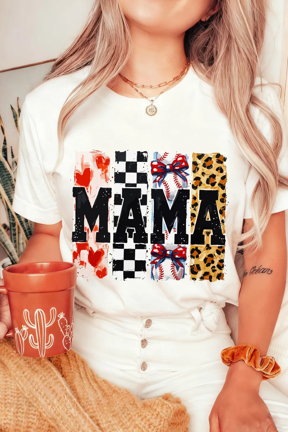 White Mama Baseball Leopard Checkered Tee