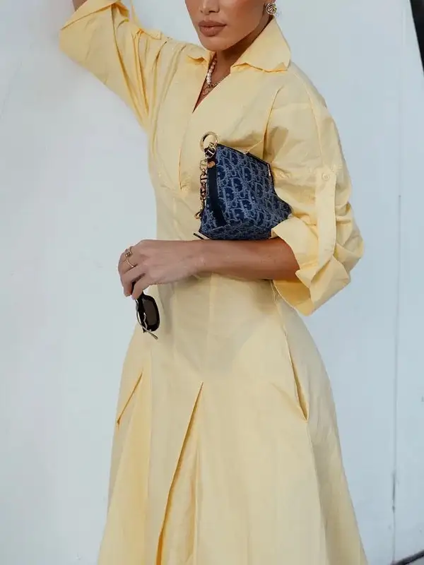 Pleated Neck Shirt Maxi Dress