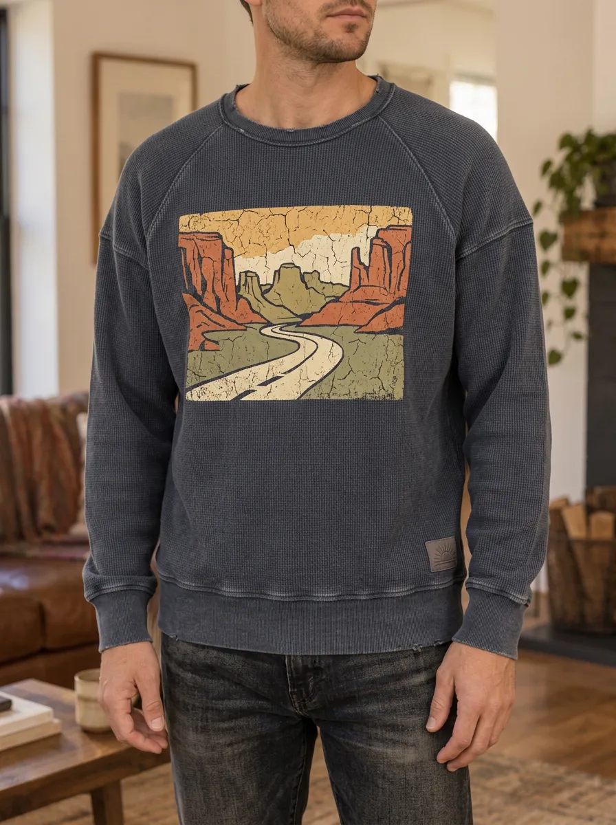 Men's Desert Road Landscape Waffle Knit Crewneck Sweatshirt