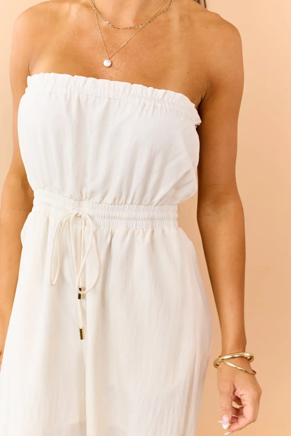 Cream Strapless Balloon Leg Ruffle Trim