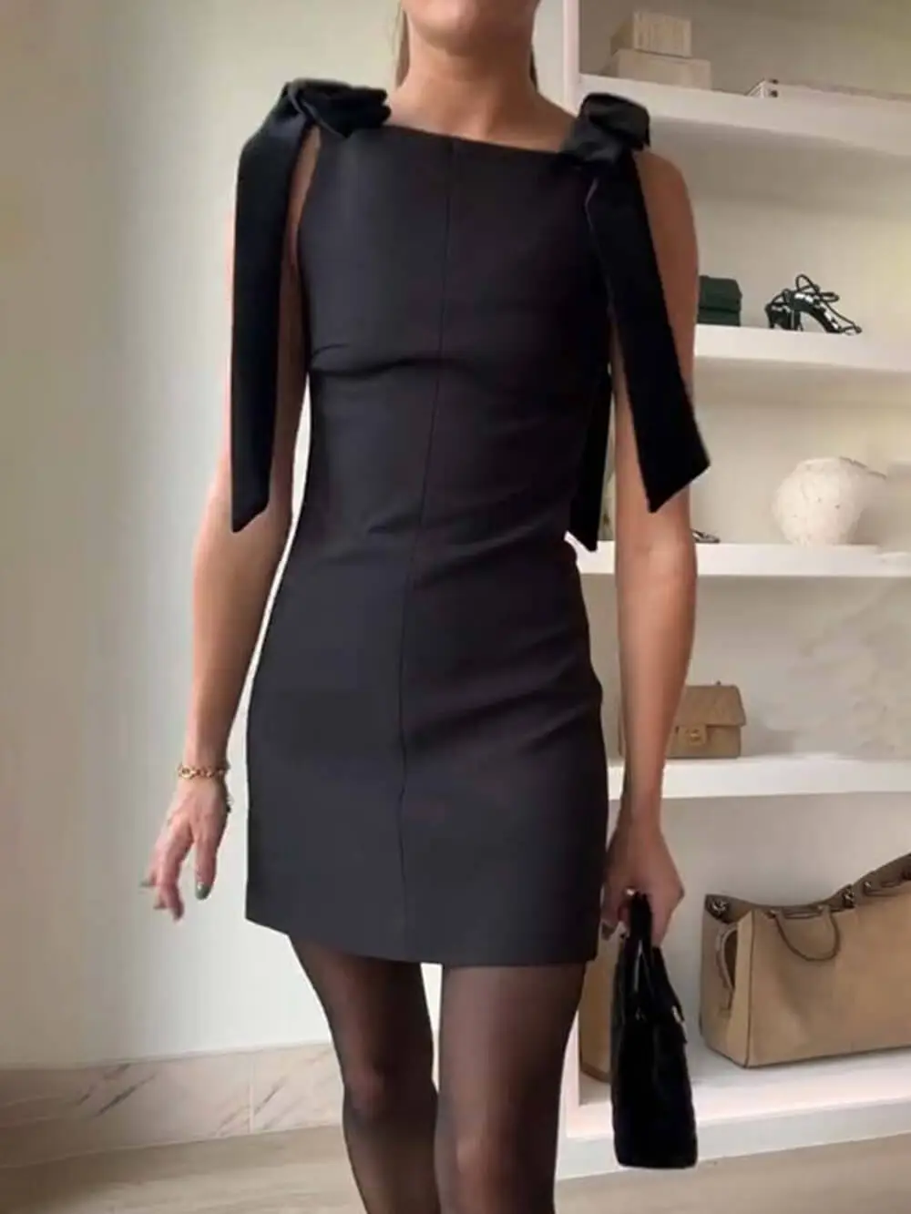 Bow Straps Straight Neckline Elegant Mini Dress