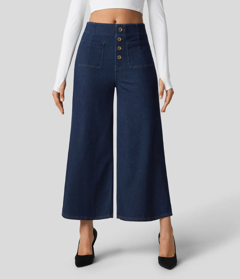 Magic High Waisted Button Pockets Washed Stretchy Knit Casual Wide Leg Jeans