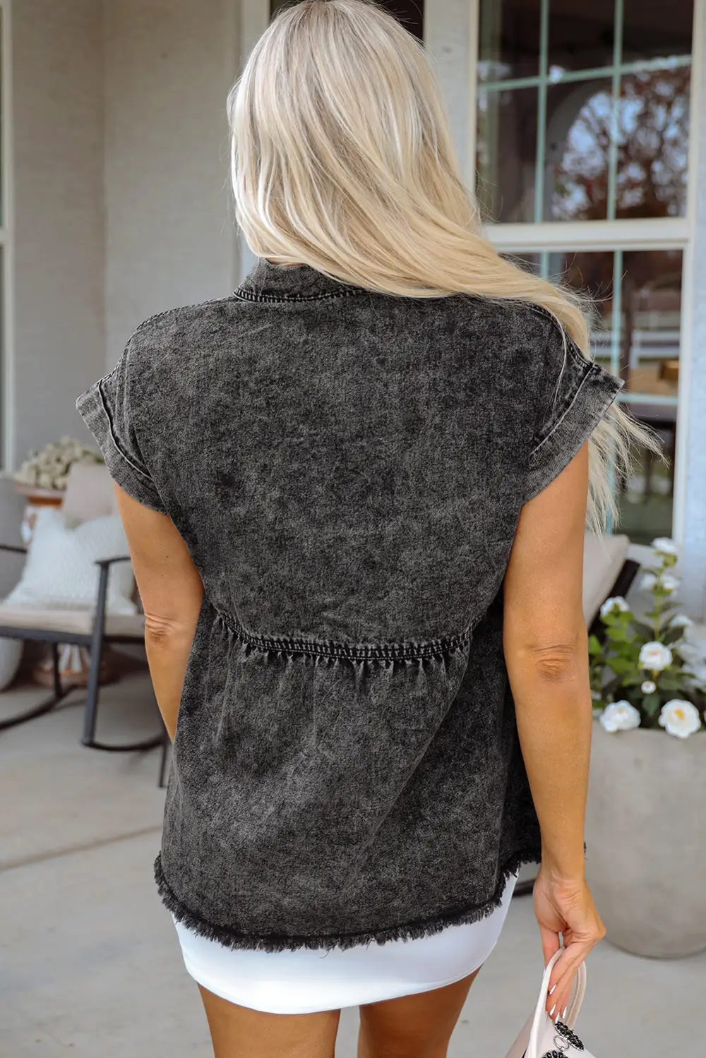 Button Front Short Sleeve Raw Hem Shirt Blouse