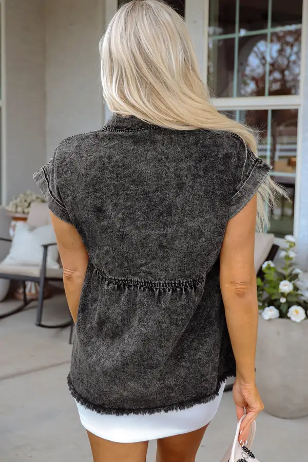 Button Front Short Sleeve Raw Hem Shirt Blouse