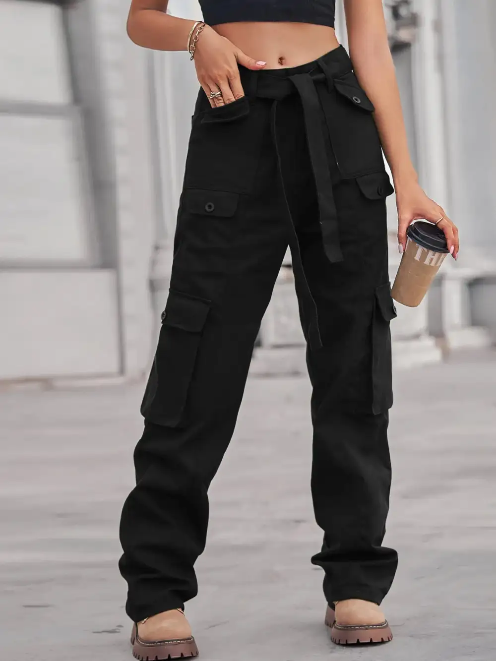 High Waist Cargo Pocketed Denim Jeans