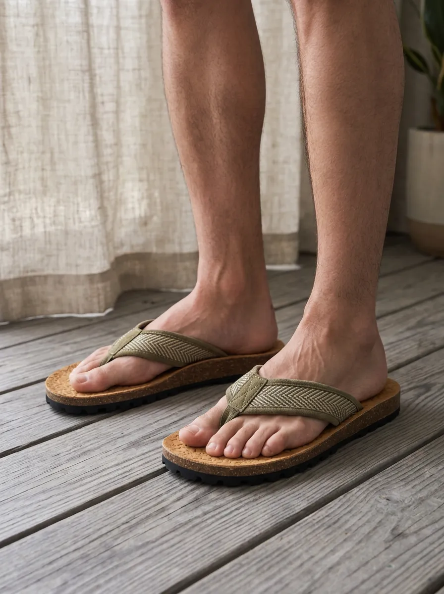 Men's Olive Green Herringbone Strap Cork Printed Flip Flops