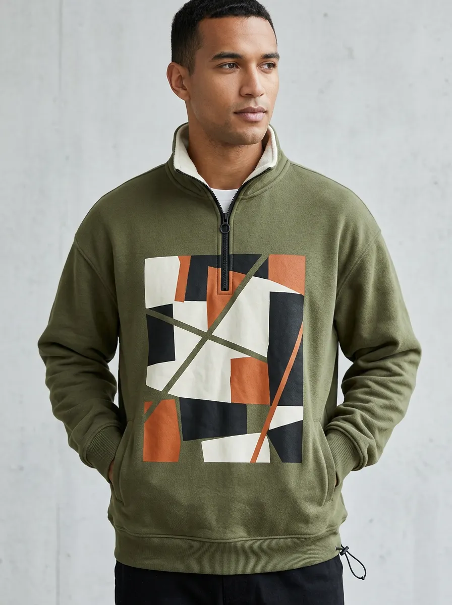 Casual Design Half-Zip Geometric Abstract Men's Half-Zip Sweatshirt