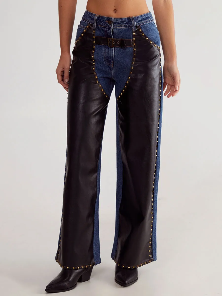 Women's Stylish Denim-Leather Studded Wide-Leg Pants