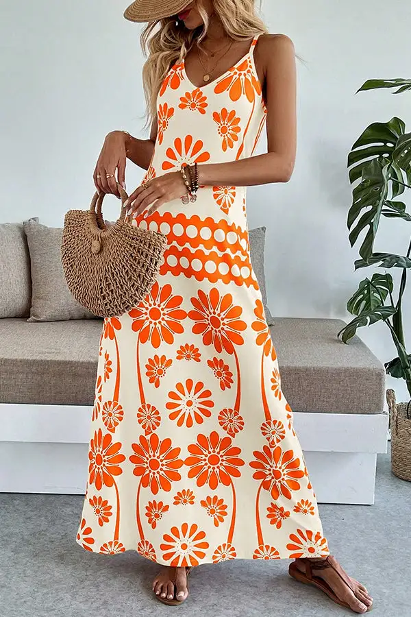 Floral Print V Neck Maxi Dress