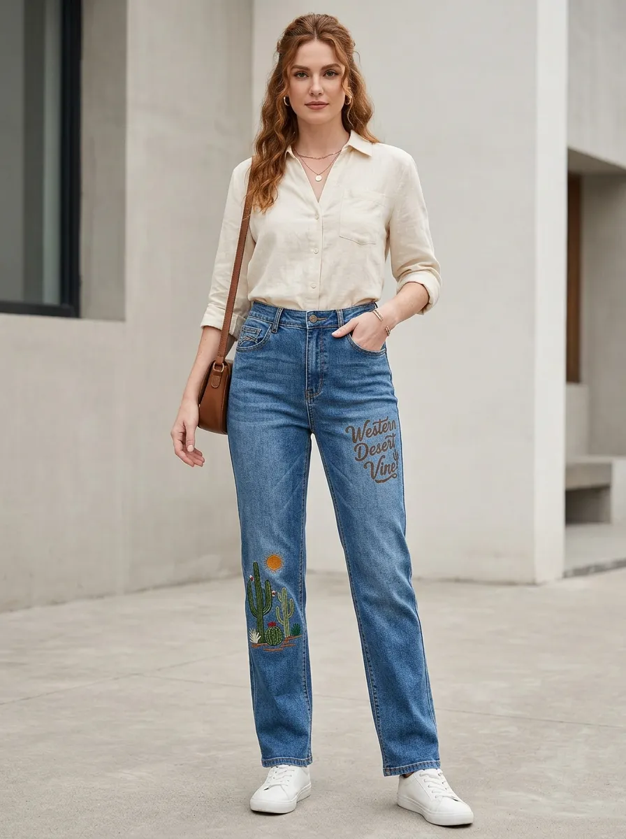 Women's Western Desert Cactus Printed Straight Leg Jeans