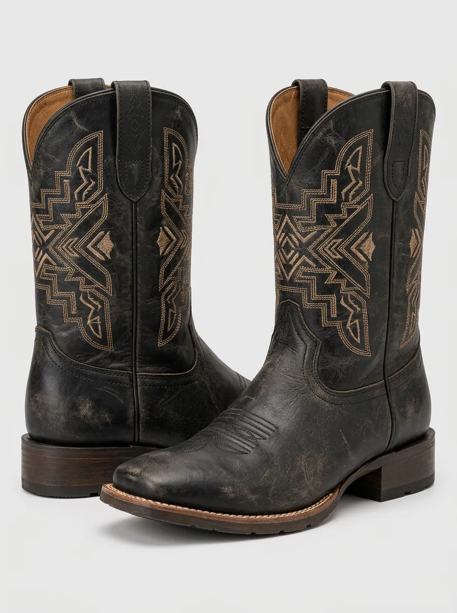 Men's Cowboy Boots in Leather with Geometric Detail and Distressed Finish