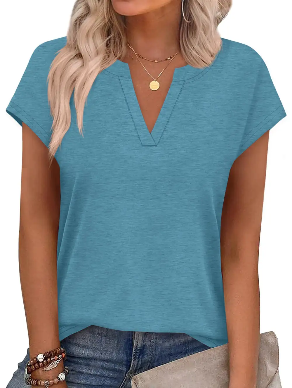 Textured V-Neck Short Sleeve Top