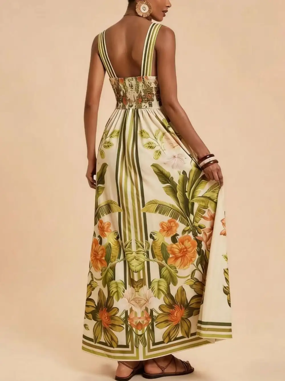 Classic Tropical Print V Neck Maxi Dress