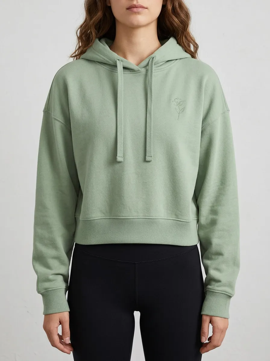 Women's Relaxed Minimalist Floral Sage Green Embroidered Hoodie