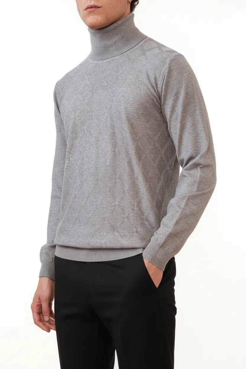 Diamond Pattern Regular Fit Viscose Turtleneck Sweater