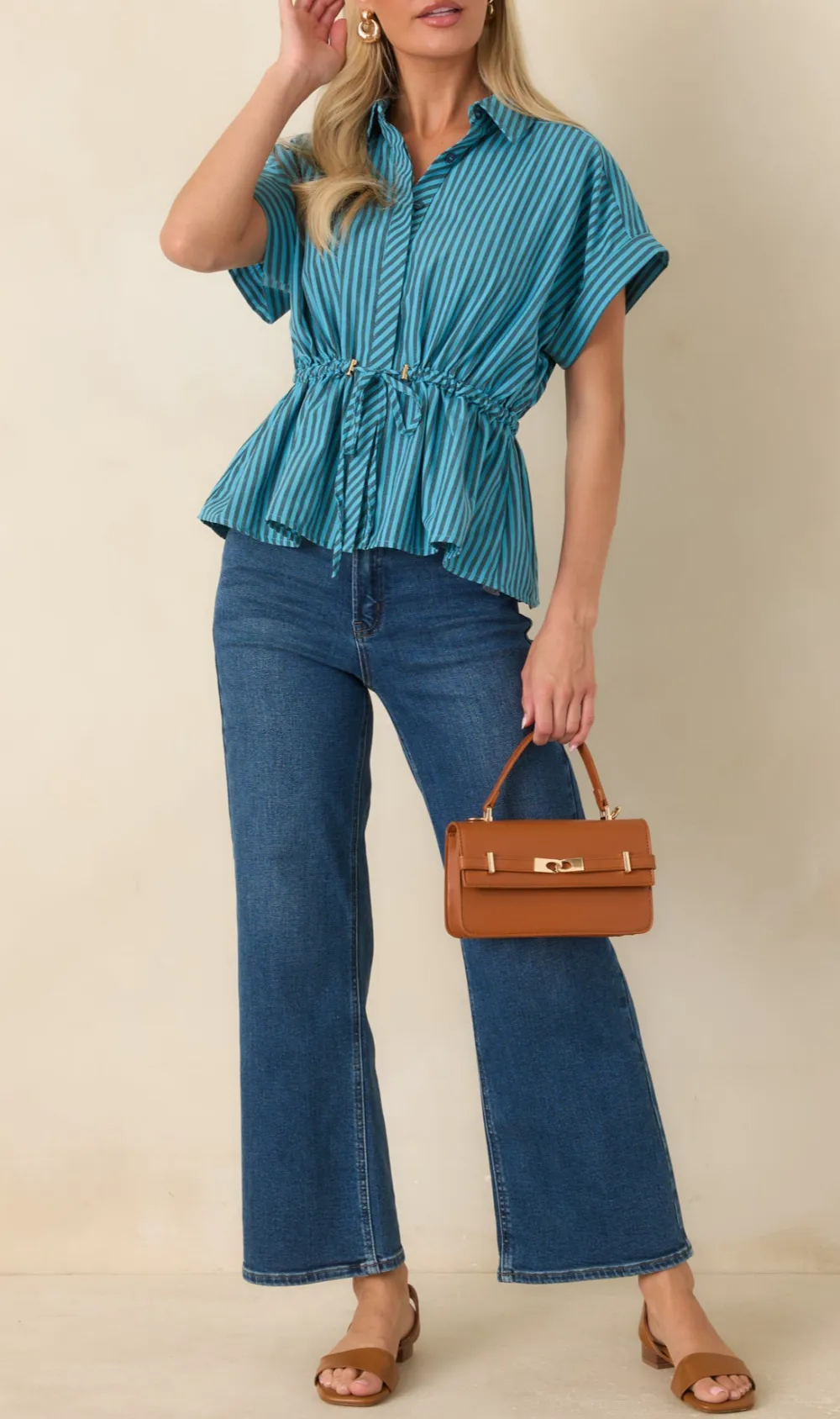 Button-Front Short-Sleeve Cinch-Waist Collared Top