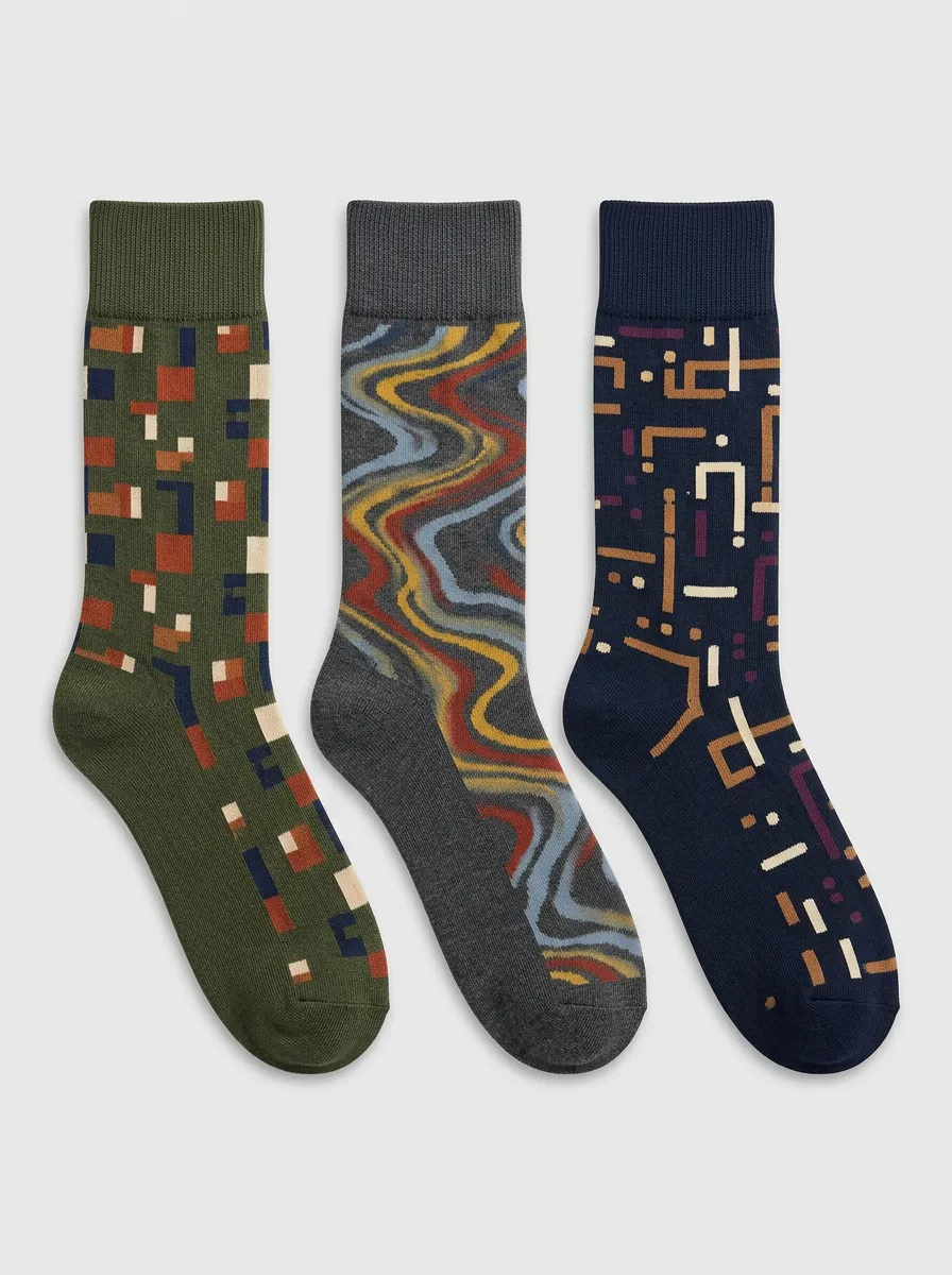 Men's Geometric Abstract Pattern Printed Three Pack Socks Textured Design