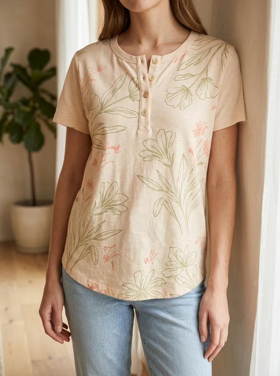 Women's Botanical Floral Line Art Printed Henley T-shirt