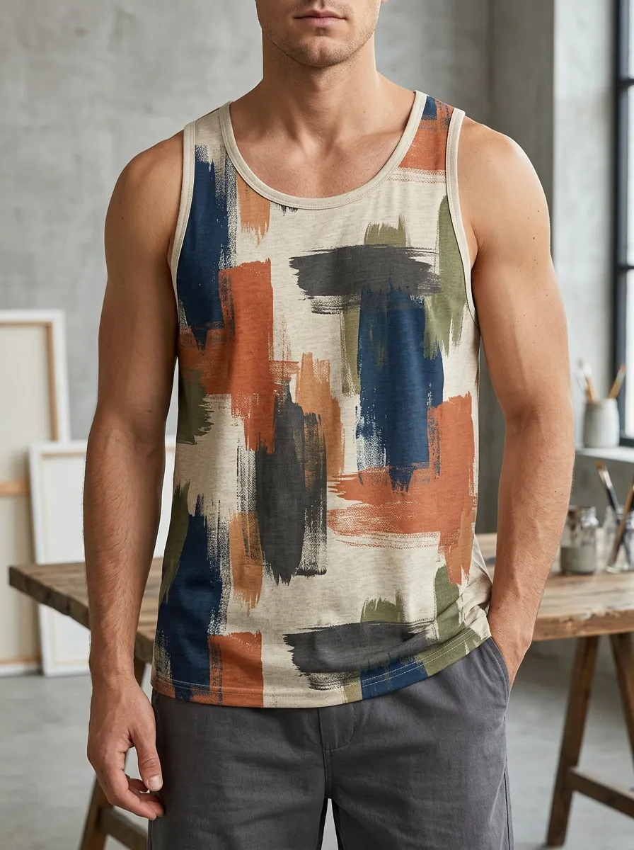 Men's Abstract Art Brushstroke Wide Strap Tank Top