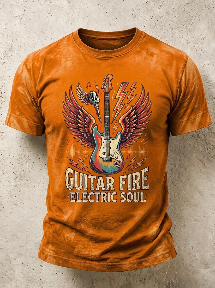 Men's Rock Music Guitar Fire Wing Printed T-shirt
