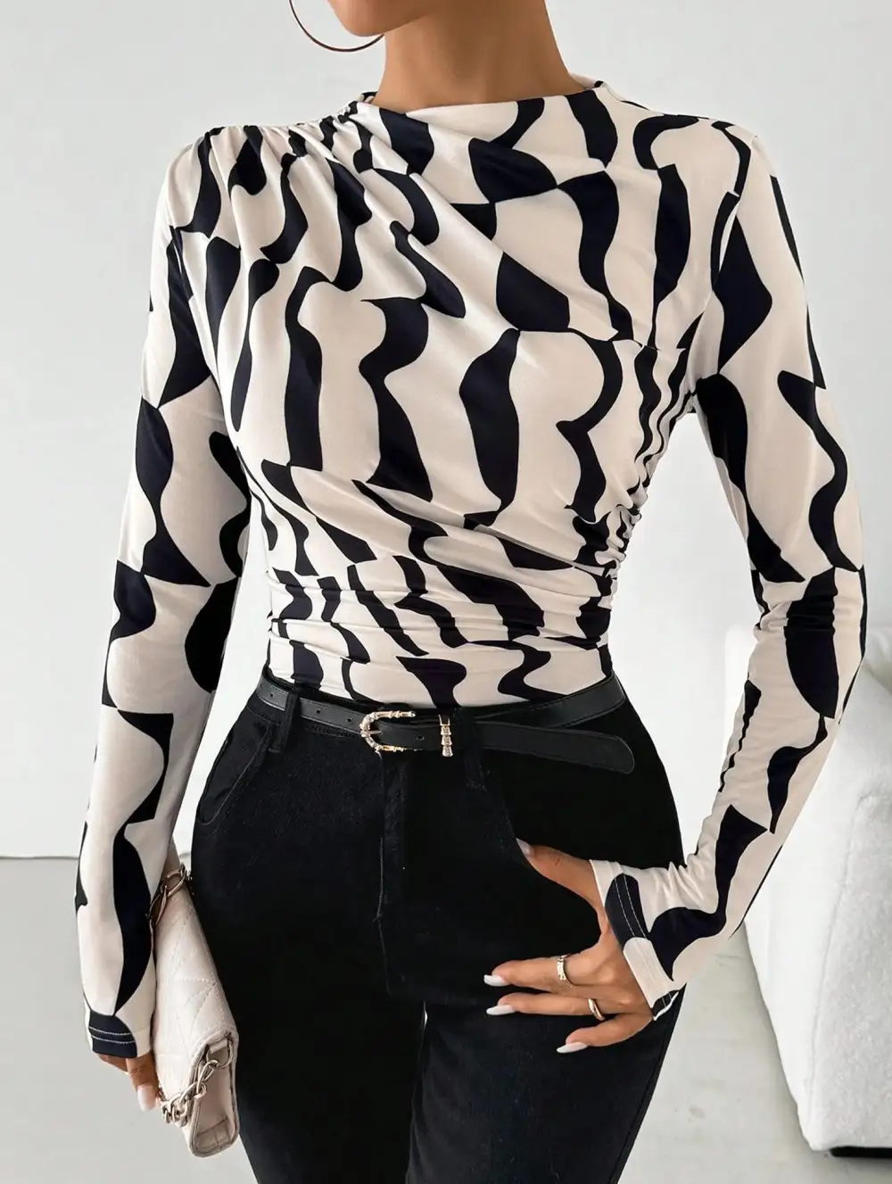 Ruffle Mock Neck Print Slim Top