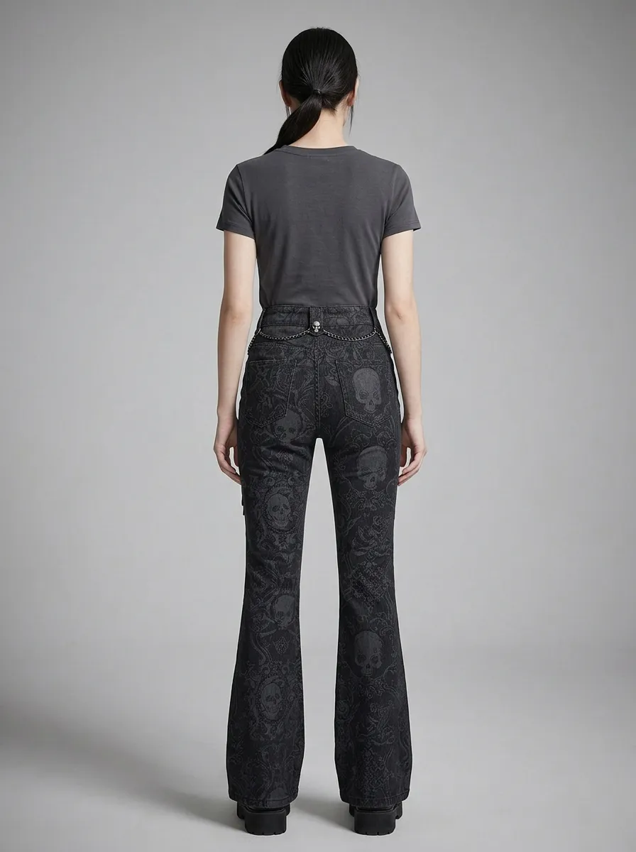 Alternative Skull Damask Lace Collection Women's Gothic Flare Pants