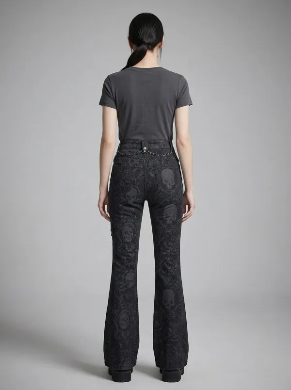 Alternative Skull Damask Lace Collection Women's Gothic Flare Pants