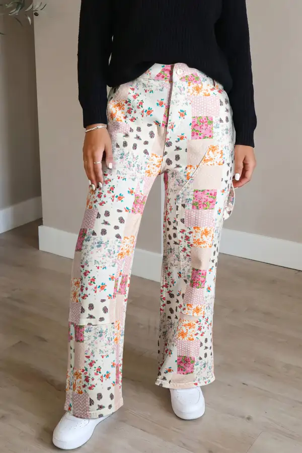 Women's Floral Patchwork Wide Leg Full Length Jeans