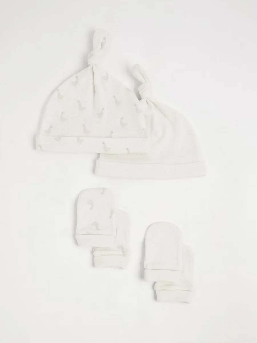 Cream Duck Newborn Hats and Mittens 2 Pack
