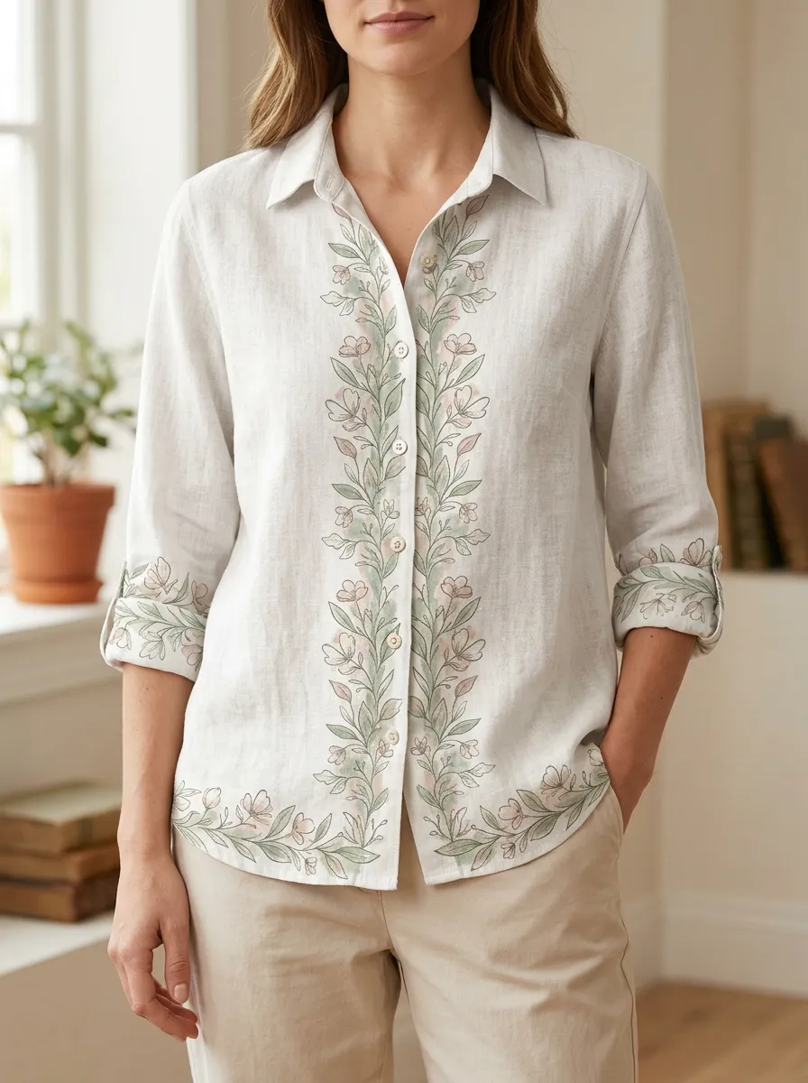 Women's Botanical Floral Vine Printed Linen-Look Shirt