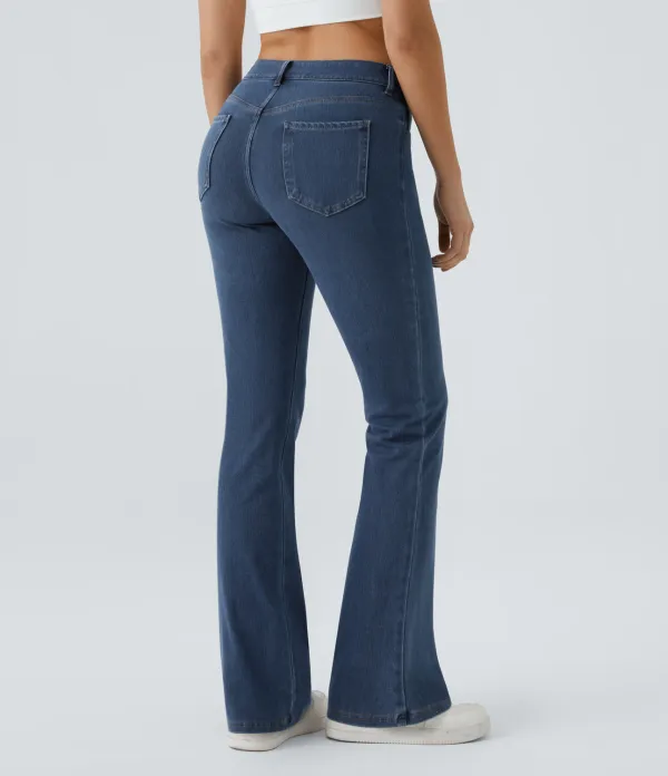 Magic Mid Rise Button Pockets Stretchy Knit Casual Bootcut Jeans