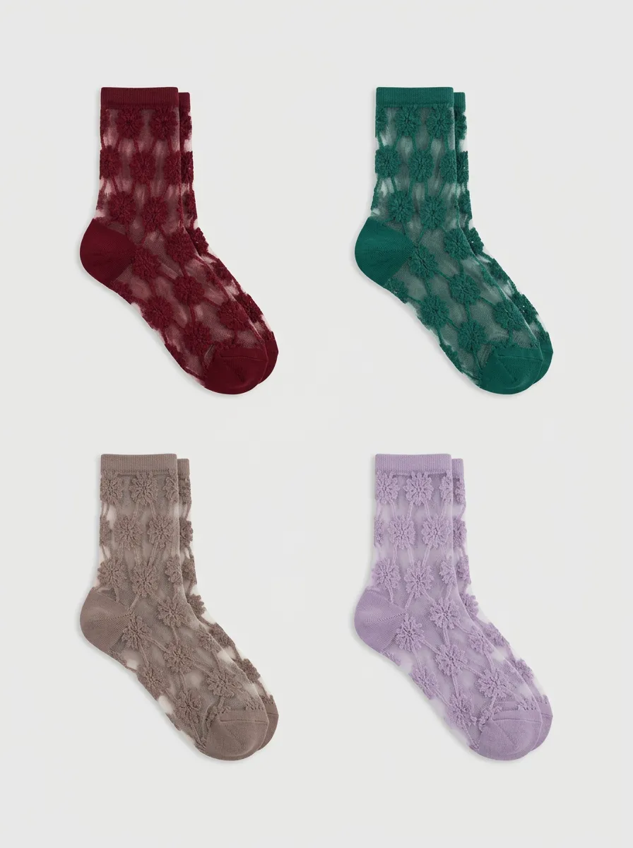 Women's Multicolor Floral Sheer Crew Ribbed Socks 4-Pack