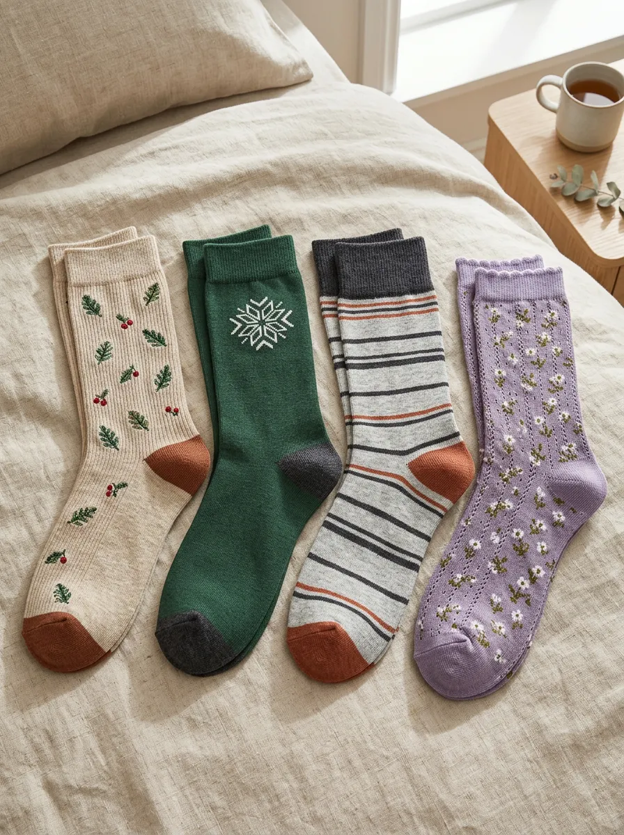Women's Winter Holiday Floral Snowflake Striped Printed Socks Set