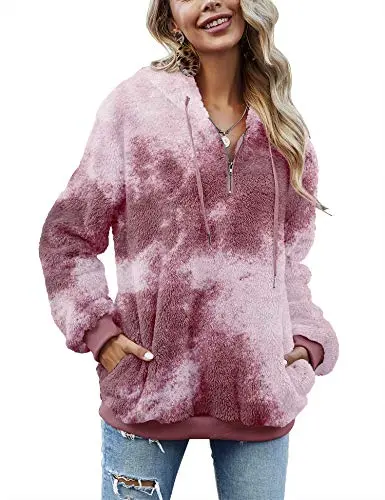Women Casual Double Fuzzy Sweatshirt Faux Fleece Zip Pullover Hoodies Coat Outwear S-XXL