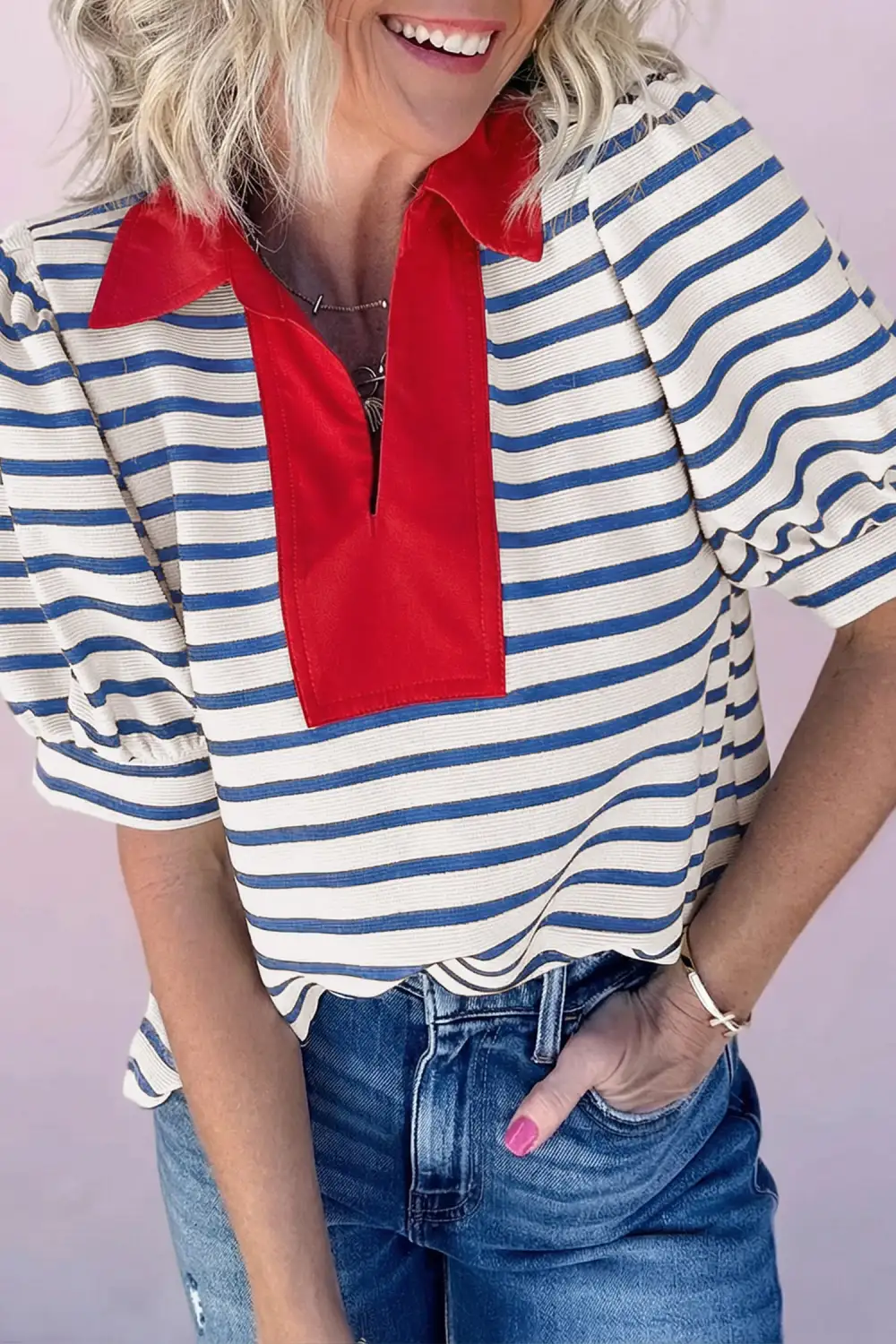 Blue Stripe Short Puff Sleeve Color Block Polo Collar Blouse