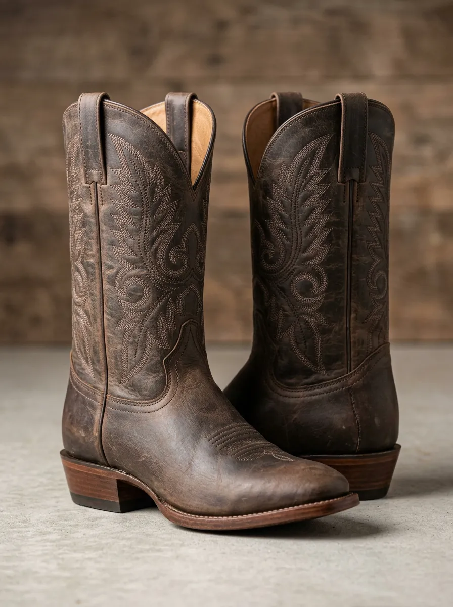 Unisex Outlaw-Inspired Embroidered Distressed Leather-Look Finish Western Cowboy Boots