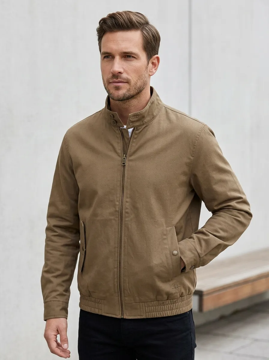 Men's Casual Minimalist Khaki Stand Collar Printed Jacket