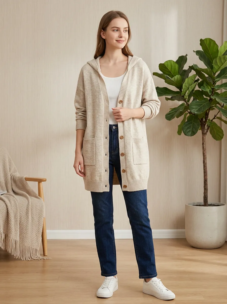 Women's Casual Beige Knitted Button-Down Hooded Cardigan
