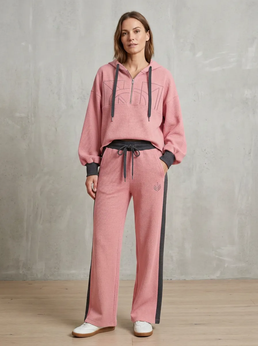 Women's Olive Waffle Knit Geometric Logo Printed Hooded Tracksuit