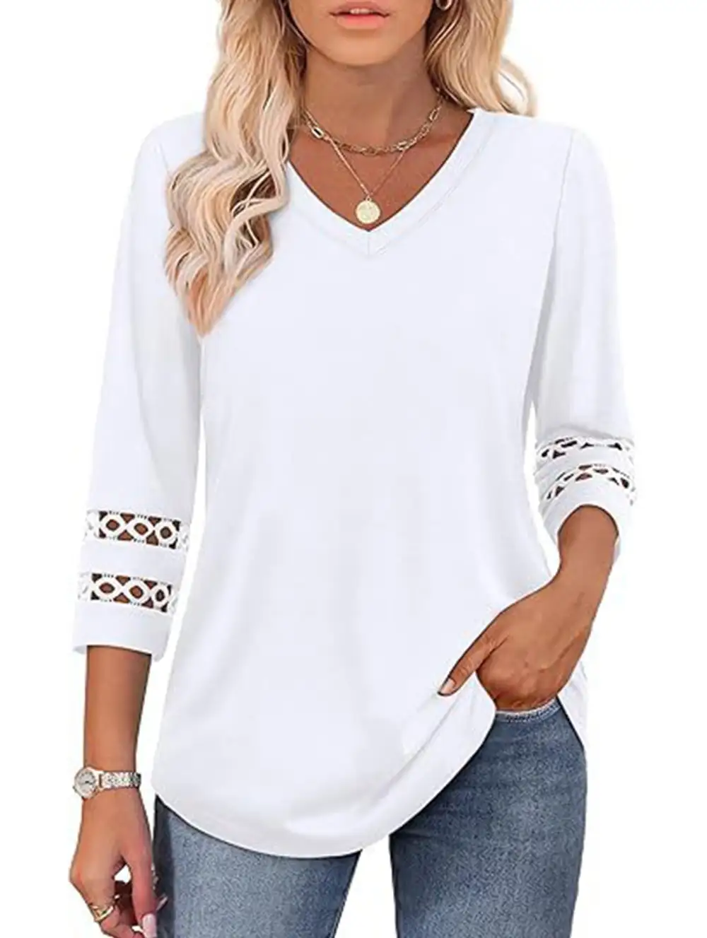 V-Neck Lace Trim Top