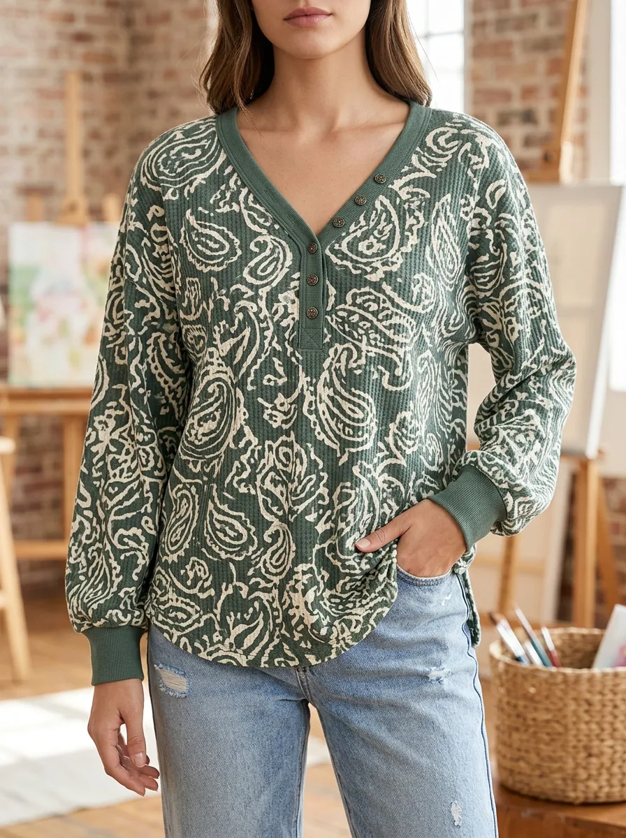 Women's Boho Paisley Pattern Printed Waffle Knit Henley Top
