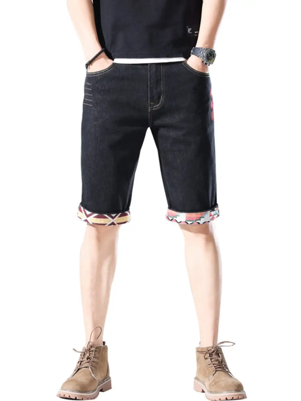 Men's Wash Denim Shorts with Rolled Cuffs