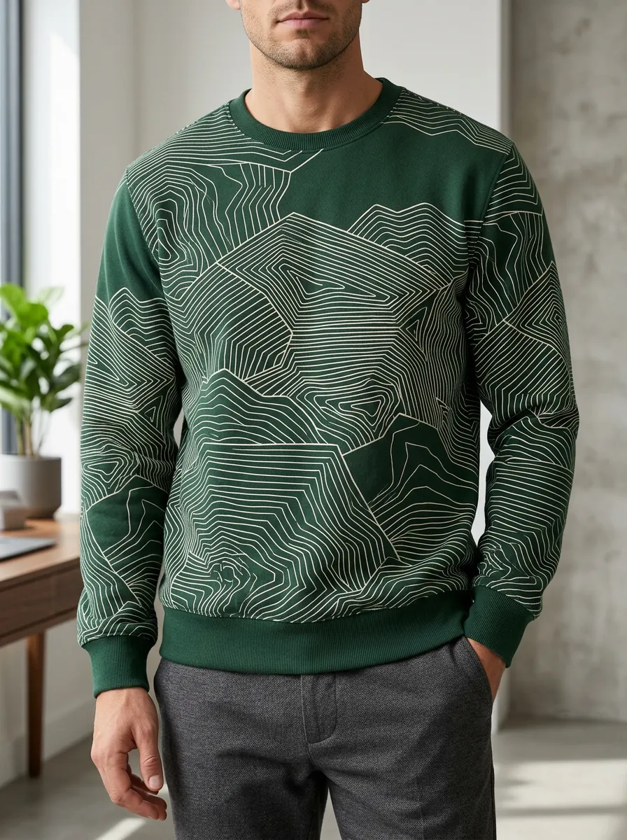 Men's Outdoor Nature Lover Topographic Map Printed Fleece Sweatshirt