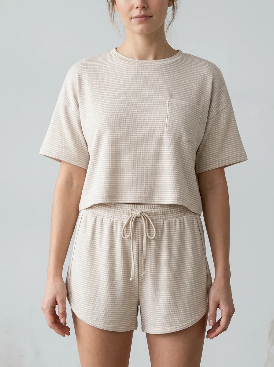 Women's Casual Minimalist Beige Striped Printed Loungewear Set