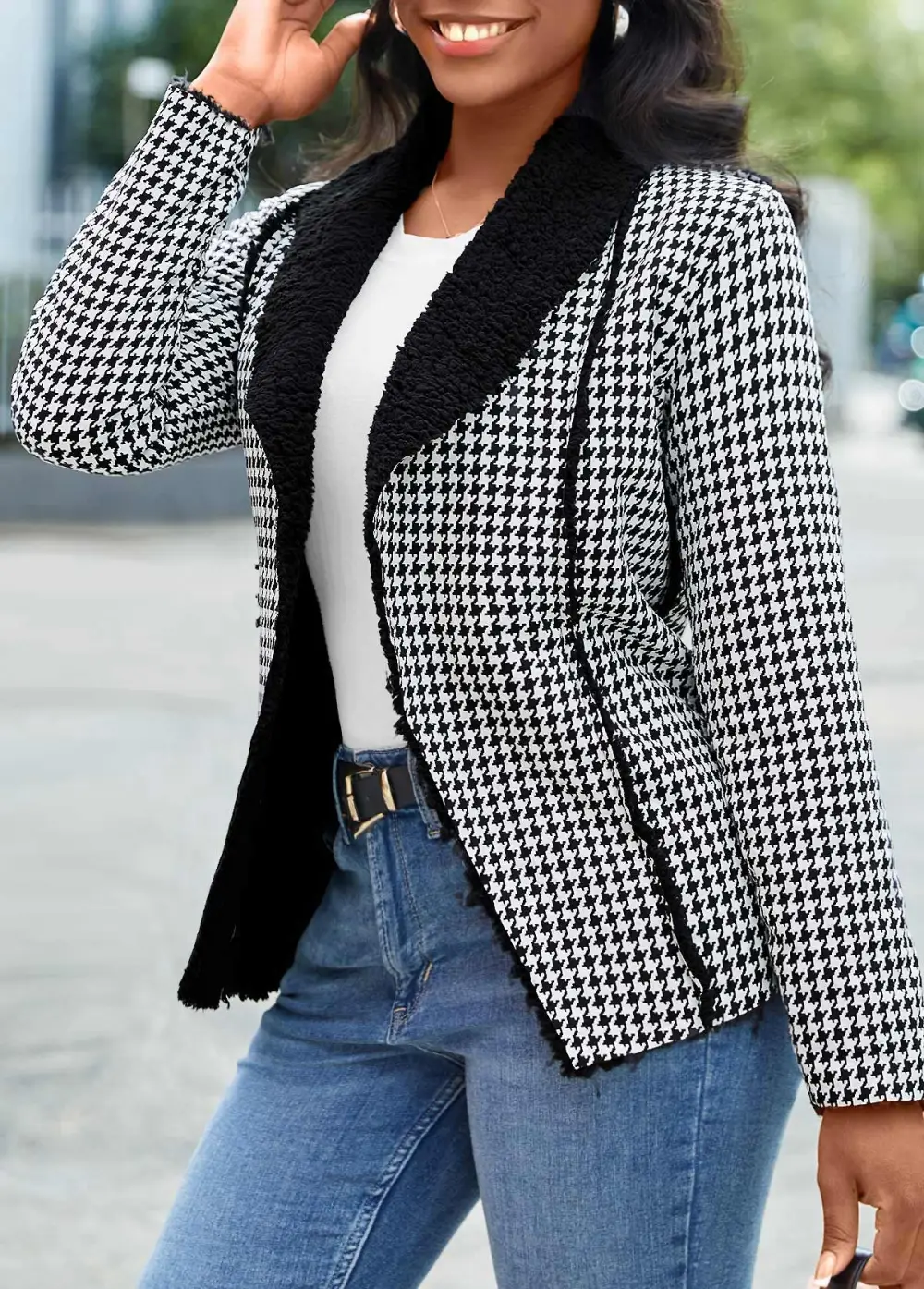 Black Patchwork Plaid Long Sleeve Lapel Coat
