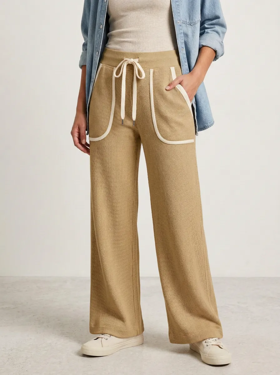 Women's Casual Lounge Waffle Knit Drawstring Wide Leg Pants