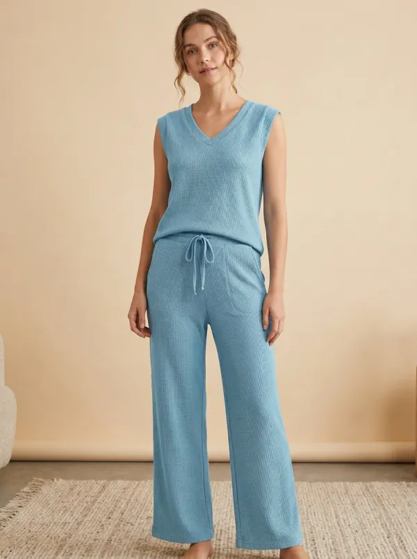 Drawstring Waist Waffle Knit V-Neck Sleeveless Lounge Set