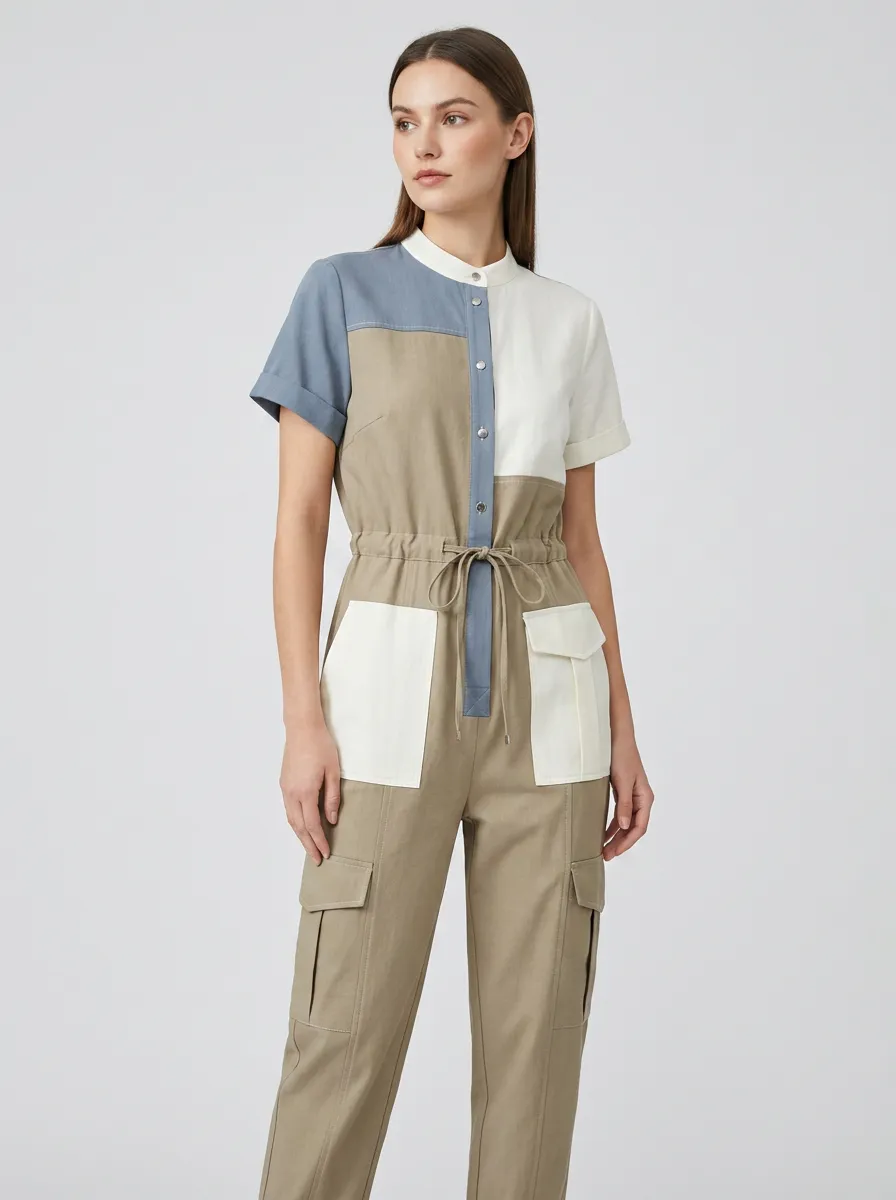 Women's Casual Utility Colorblock Patchwork Printed Jumpsuit