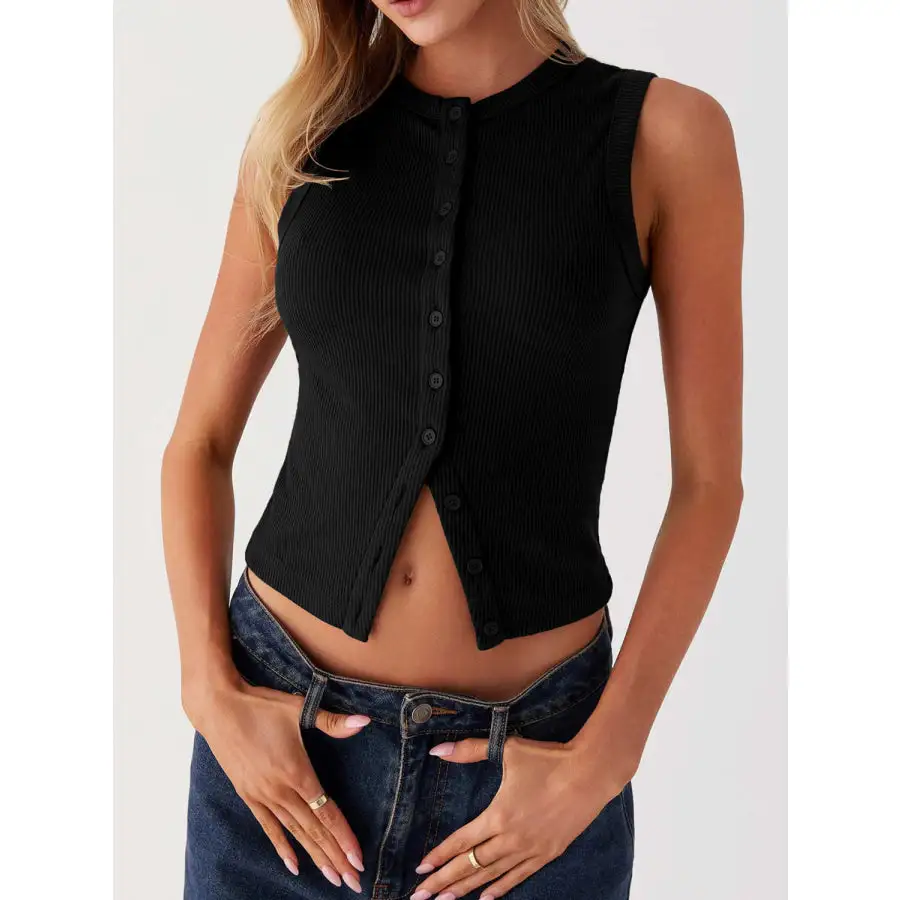Button Up Round Neck Tank