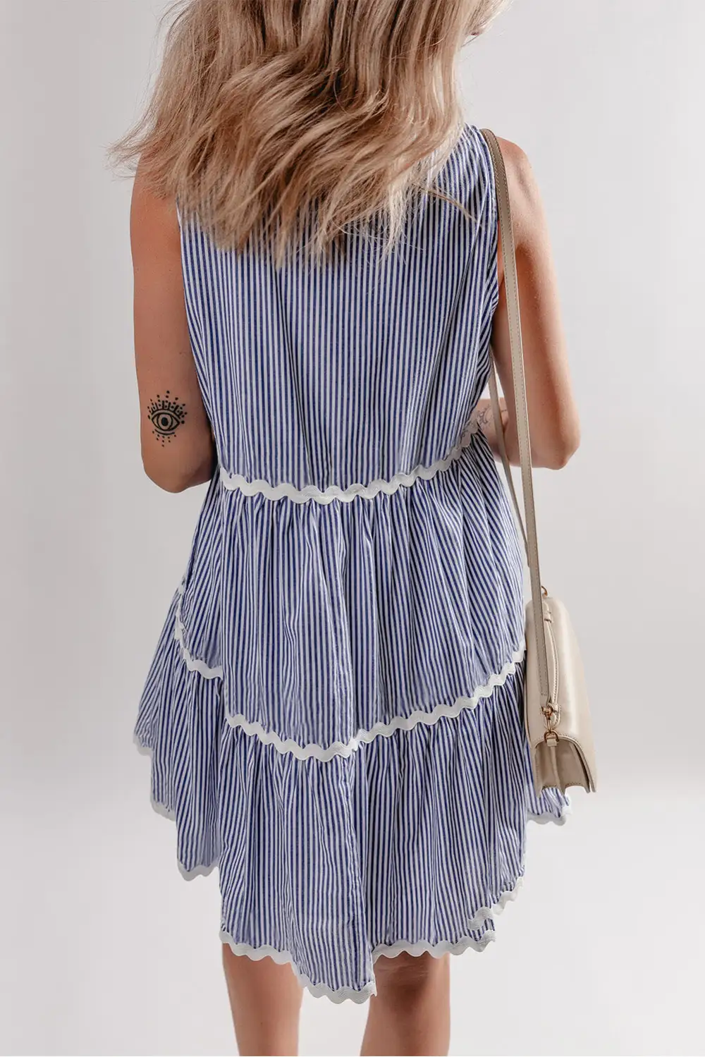 Stripe Sleeveless Notched V Neck Contrast Ric Rac Mini Dress